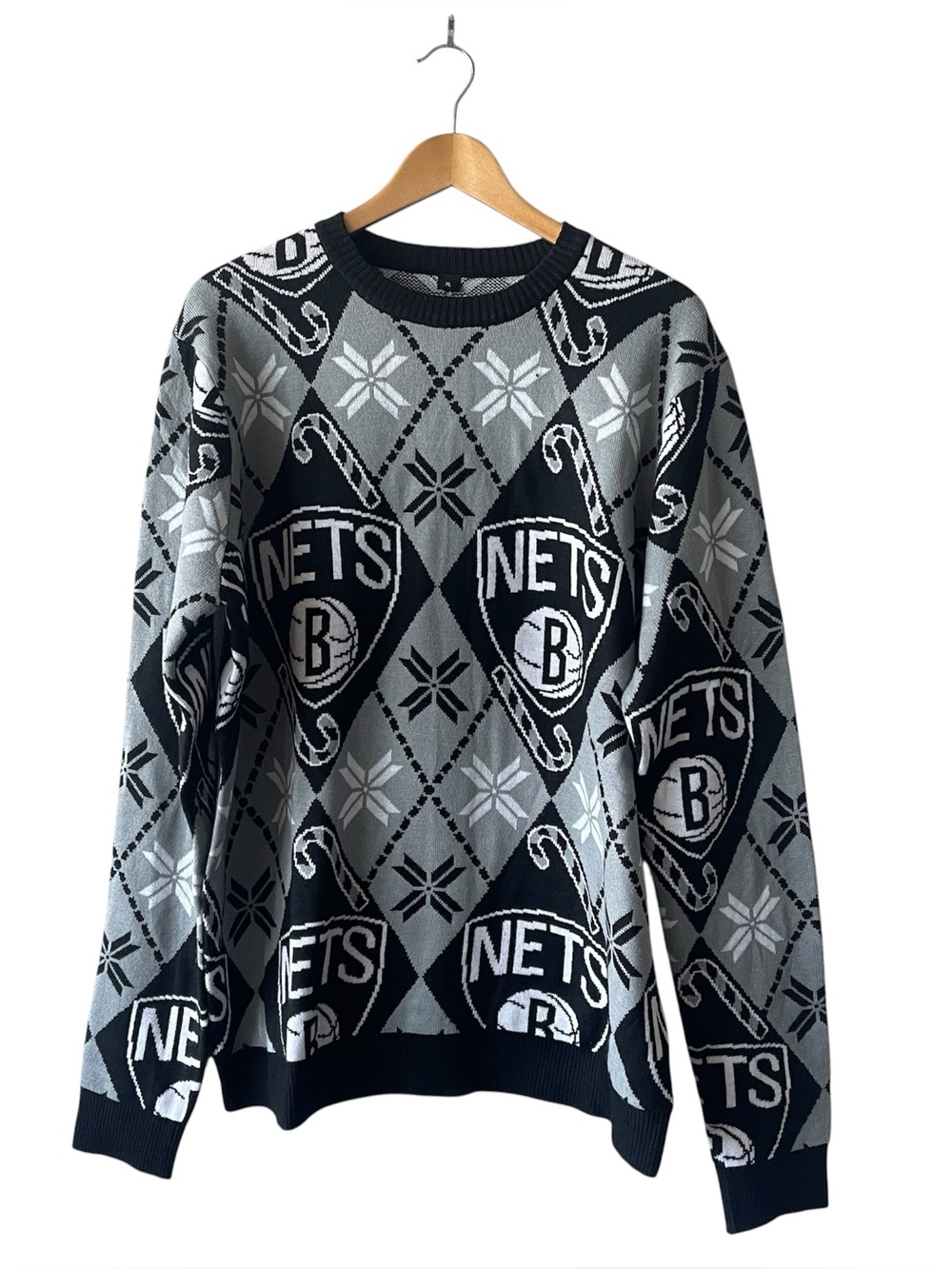 Brooklyn Nets Crewneck Candy Cane Argyle Holiday Christmas Sweater XL